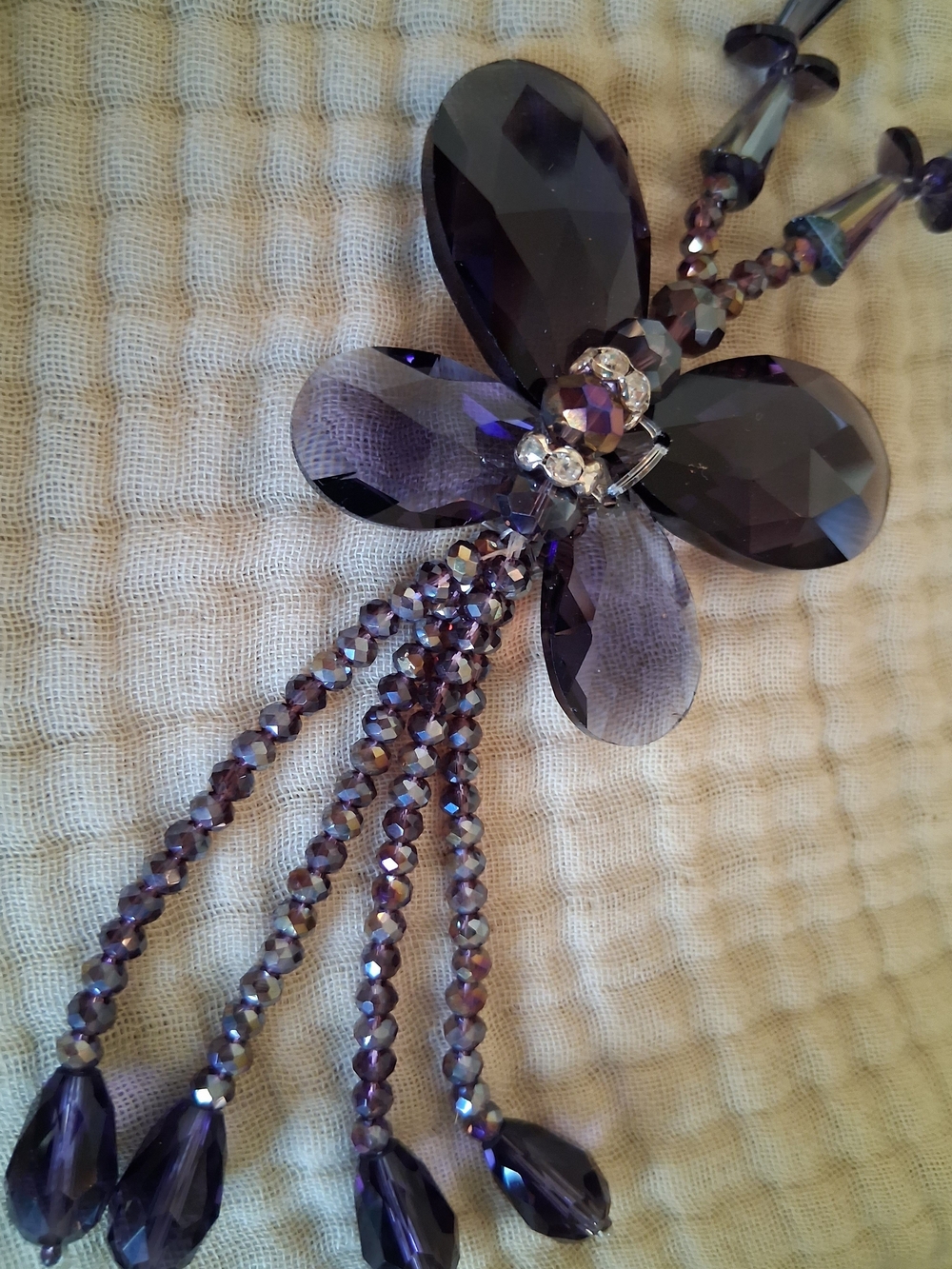Large Deep Smoky Purple Butterfly Pendant Long All Glass Bead Necklace - Women